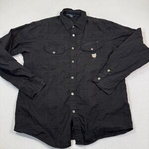 VTG Marithe Francois Girbaud Button Up Shirt Men‎ XL Black Plaid Metal Logo